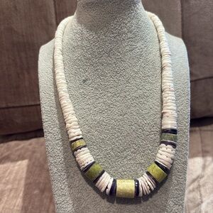 Beach Shell White and Green Beaded Necklace 16-19”